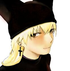  1girl absurdres black_shirt blonde_hair brown_eyes close-up doghunt14716979 earrings fake_horns hat highres horned_headwear horns jewelry light_blush light_smile long_hair looking_at_viewer original portrait shirt single_earring solo solo_focus white_background 