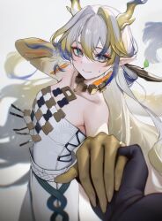  1girl absurdres arknights bare_shoulders black_gloves blonde_hair blue_eyes blue_hair colored_extremities colored_skin commentary dokuro_deluxe dragon_girl dragon_horns earrings eyeliner gloves hand_grab highres horns jewelry long_hair makeup multicolored_hair necklace orange_eyeliner orange_pupils pants pov pov_hands shirt shu_(arknights) strapless strapless_shirt tube_top white_background white_hair white_pants white_tube_top yellow_gloves yellow_hands 