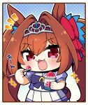  1girl animal_ears blue_gemstone border bow bowtie brown_border chibi commentary_request cowboy_shot cup daiwa_scarlet_(umamusume) disposable_cup eating fang food gem hair_between_eyes hair_bow hair_intakes highres holding holding_cup horse_ears horse_girl long_hair looking_at_viewer notice_lines open_mouth outline pleated_skirt plover polka_dot polka_dot_background purple_bow purple_bowtie purple_shirt red_bow sailor_collar sailor_shirt school_uniform shaved_ice shirt skirt solo sparkle summer_uniform tail tiara tracen_school_uniform twintails umamusume very_long_hair waist_bow white_sailor_collar white_skirt 