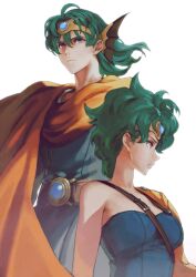  1boy 1girl armpit_crease bare_shoulders belt belt_buckle blue_gem blue_tunic breasts brown_belt buckle cape commentary cowboy_shot dragon_quest dragon_quest_iv eyelashes fantasy forehead_protector gem green_hair hair_between_eyes hero_(dq4) heroine_(dq4) highres jun_(navigavi) lips looking_to_the_side medium_breasts medium_hair nose orange_cape profile shirt short_hair simple_background strapless strapless_shirt tunic upper_body violet_eyes white_background 