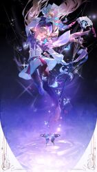  1girl artoria_caster_(fate) artoria_caster_(second_ascension)_(fate) artoria_pendragon_(fate) belt beret black_pantyhose blonde_hair bow bug butterfly buttons capelet dress fate/grand_order fate_(series) floating_hair flower full_body gloves green_eyes hat highres holding holding_flower holding_staff long_hair long_sleeves looking_at_viewer open_mouth pantyhose petals purple_bow purple_hat shirt skirt solo staff staff_of_selection_(fate) white_dress white_shirt white_skirt yukiko_(g_e7r) 