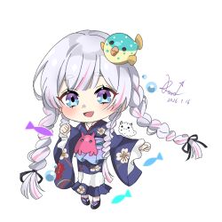  1girl :d animal black_ribbon black_sandals blue_eyes blue_kimono blush braid center-flap_bangs cherry_blossom_print chibi chibi_only chinese_commentary cho_kaguya-hime! clenched_hands commentary_request dated dot_nose fish fish_hair_ornament floral_print flying_fish frilled_kimono frills full_body fushi_(cho_kaguya-hime!) hair_ornament hair_ribbon hand_up highres japanese_clothes kimono long_hair multicolored_eyes multicolored_hair multiple_braids obi obijime okobo open_mouth pink_streaks platform_sandals purple_sash quad_braids ribbon runami_yachiyo runami_yachiyo_(tsutaya_pop_up) sandals sash sea_bunny sea_slug shippou_(pattern) short_eyebrows side_braids signature simple_background smile solo standing streaked_hair thick_eyebrows two-tone_eyes umbrella_octopus very_long_hair violet_eyes water_drop white_background white_hair wide_sleeves xing_xiu_kara yukata 