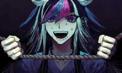  2girls @_@ black_background black_hair crazy_eyes danganronpa_(series) danganronpa_2:_goodbye_despair ear_piercing face_piercing hair_horns highres holding holding_rope imminent_death kamo_(kamooo44) long_hair mioda_ibuki multicolored_hair multiple_girls piercing pink_eyes pink_hair pink_streaks rope shirt smile streaked_hair sweat tsumiki_mikan white_hair 