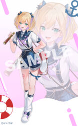  1girl blonde_hair blue_sailor_collar blue_shorts blush breasts colored_inner_hair commentary_request fangs full_body green_eyes hand_on_own_hip hand_up heart heart_tattoo highres holding isaya_(pixiv4541633) kurumi_noah looking_at_viewer medium_hair multicolored_hair neckerchief official_art open_mouth purple_hair purple_neckerchief sailor_collar shirt shoes shorts socks solo tattoo teeth thighs two-tone_hair virtual_youtuber vspo! white_background white_shirt white_shoes white_socks zoom_layer 