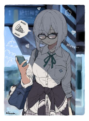  1girl aqua_ribbon ars_almal bag bag_charm bespectacled black_jacket blue_eyes blush border breasts cellphone charm_(object) clothes_around_waist collared_shirt commentary day frown glasses grey_skirt highres holding holding_phone jacket jacket_around_waist medium_hair neck_ribbon nijisanji outdoors phone pleated_skirt pout ribbon school_bag school_uniform shade shirt skirt sleeves_rolled_up smartphone solo speech_bubble tatami_kami virtual_youtuber white_border white_hair white_shirt 