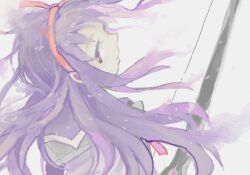 1girl akemi_homura akemi_homura_(magical_girl) bad_drawr_id bad_id bow_(weapon) closed_mouth floating_hair from_behind hairband holding holding_bow_(weapon) holding_weapon long_hair looking_back magical_girl mahou_shoujo_madoka_magica mahou_shoujo_madoka_magica_(anime) oekaki ogi_(sham00) profile purple_eyes purple_hair purple_sailor_collar red_hairband sailor_collar shirt solo upper_body weapon white_shirt