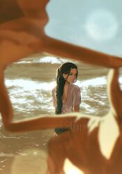  1boy 1girl aang avatar:_the_last_airbender avatar_aang:_the_last_airbender avatar_legends black_hair blue_eyes catyyps commentary couple day highres husband_and_wife katara long_hair ocean outdoors pov pov_hands scenery sky very_long_hair water 