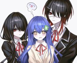  1boy 2girls @_@ black_hair black_jacket blazer blue_hair blush cardigan character_and_genderswap commentary_request date_a_live embarrassed eyepatch flower genderswap genderswap_(ftm) genderswap_(mtf) giving_up_the_ghost hair_flower hair_ornament hair_over_one_eye highres itsuka_shiori jacket long_hair looking_at_viewer low_twintails maomaoquan medical_eyepatch medium_hair multiple_girls neck_ribbon raizen_high_school_uniform red_eyes red_ribbon ribbon school_uniform shirt tokisaki_kurumi twintails wavy_mouth white_background white_shirt yellow_eyes 