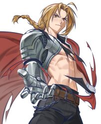  1boy abs ahoge alchemy_03 automail belt black_pants blonde_hair braid braided_ponytail brown_belt closed_mouth coat commentary curtained_hair edward_elric from_below fullmetal_alchemist highres hood hood_down hooded_coat jacket long_hair looking_at_viewer male_focus mechanical_arms pants pectorals red_coat simple_background single_mechanical_arm solo toned toned_male topless_male torn_clothes torn_jacket untranslatable_commentary white_background yellow_eyes 