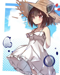  1girl bare_shoulders blush bright_pupils brown_hair brown_hat closed_mouth clouds commentary_request cropped_arms cropped_legs day dress hat headgear highres outdoors red_eyes short_hair sidelocks sleeveless sleeveless_dress solo sun_hat sundress tetenka touhoku_kiritan voiceroid white_dress white_pupils 