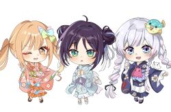  3girls :d ;d black_hair blonde_streaks blue_bow blush bow brown_sandals chibi chibi_only chinese_commentary cho_kaguya-hime! commentary_request curled_ends double_v egasumi eyeliner fang floral_print floral_print_kimono frilled_kimono frills full_body furrowed_brow fushi_(cho_kaguya-hime!) green_bow green_pupils hair_bow hand_up highres japanese_clothes kaguya_(cho_kaguya-hime!) kaguya_(tsutaya_pop_up)_(cho_kaguya-hime!) kimono long_hair long_sleeves looking_at_viewer makeup multicolored_hair multiple_girls multiple_hair_bows obi obiage okobo one_eye_closed orange_eyes orange_hair pink_kimono platform_sandals print_kimono purple_bow red_eyeliner runami_yachiyo runami_yachiyo_(tsutaya_pop_up) sakayori_iroha sakayori_iroha_(tsutaya_pop_up) sandals sash sidelocks simple_background smile socks streaked_hair tabi twintails v v-shaped_eyebrows white_background white_hair white_socks wide_sleeves xing_xiu_kara yellow_sash yukata 