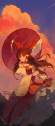  1girl absurdres ascot bow brown_eyes brown_hair chinese_commentary closed_mouth clouds commentary_request detached_sleeves evening frilled_bow frilled_hair_tubes frilled_skirt frills hair_bow hair_tubes hakurei_reimu highres holding holding_umbrella kenkxx long_hair oil-paper_umbrella outdoors red_bow red_skirt red_umbrella ribbon-trimmed_skirt ribbon-trimmed_sleeves ribbon_trim skirt skirt_set solo torii touhou umbrella very_long_hair yellow_ascot 