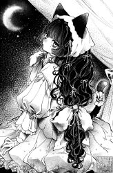  1girl animal_ears cat_ears cat_girl cat_tail crescent_moon curtains dress expressionless greyscale highres long_hair looking_at_viewer low-tied_long_hair monochrome moon original sky solo star_(sky) starry_sky tail tsubaki_tsubaru very_long_hair 