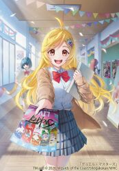  2026 3girls ahoge anno_syura blonde_hair blue_hair bow bowtie brown_cardigan cardigan churayuki commentary_request copyright_notice dragon_musume_ni_naritakunai! duel_masters grey_skirt hair_ornament holding holding_paper indoors long_hair looking_at_viewer multiple_girls official_art open_cardigan open_clothes open_mouth orange_eyes paper plaid_clothes plaid_skirt red_bow red_bowtie red_hair school_uniform shirt short_hair skirt solo_focus string_of_flags teeth upper_teeth_only white_shirt window 
