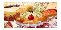  2026 apple apple_slice border cantaloupe_slice cherry commentary_request dated food food_focus french_text fruit halftone ice_cream ice_cream_cone kiwi_(fruit) kiwi_slice matsuyama_kojika no_humans orange_background original paper pineapple pineapple_slice realistic sparkle spoon still_life sweets white_border 