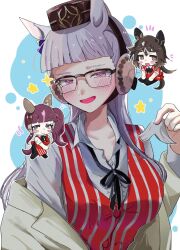 3girls animal_ears apron black_hair black_pants blunt_bangs blush bobonbo bow breasts brown_hair brown_hat collarbone collared_shirt colonel_sanders colonel_sanders_(cosplay) commentary cosplay ear_bow ear_covers employee_uniform fake_facial_hair fake_mustache fast_food_uniform glasses gold_ship_(umamusume) grey_hair hair_between_eyes hair_ornament hat highres holding horse_ears horse_girl horse_tail jacket kfc long_hair looking_at_viewer lucky_lilac_(umamusume) medium_breasts multicolored_hair multiple_girls official_alternate_costume open_clothes open_jacket open_mouth pants pillbox_hat red_apron red_vest shirt side_ponytail smile stay_gold_(umamusume) streaked_hair tail umamusume vest violet_eyes white_hair white_jacket white_shirt 