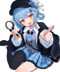  1girl :d asymmetrical_legwear bag bird_hat_ornament black_bag black_bow black_bowtie black_capelet black_hat black_pantyhose blue_hair blue_necktie blue_skirt bow bowtie braid braided_hair_rings capelet collared_shirt commentary_request deerstalker footwear_bow frilled_skirt frills full_body grey_vest hair_bow hair_rings hat hat_bow highres holding holding_magnifying_glass layered_skirt long_sleeves looking_at_viewer magnifying_glass mahou_shoujo_no_majo_saiban necktie open_mouth pantyhose plaid_clothes plaid_skirt pointing pointing_at_viewer shirt short_hair single_leg_pantyhose sitting skirt smile solo sumishake tachibana_sherry vest white_shirt yellow_eyes yokozuwari 