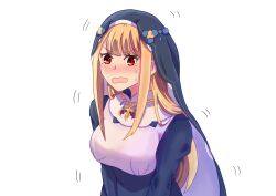  1girl absurdres aoihana_15 blonde_hair blush breasts dress embarrassed fillole_(re:zero) highres jewelry large_breasts long_hair long_sleeves necklace nun open_mouth re:zero_kara_hajimeru_isekai_seikatsu red_eyes simple_background solo sweat sweatdrop traditional_nun upper_body veil wavy_mouth white_background 