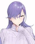  1girl blush breasts closed_mouth goshiki_suzu grey_sweater hair_between_eyes hair_over_one_eye long_hair long_sleeves looking_at_viewer mole mole_under_eye original purple_hair red_eyes ribbed_sweater simple_background sleeves_past_wrists solo sweater tokiwa_nao turtleneck turtleneck_sweater upper_body white_background 