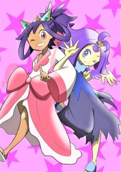  >_o 2girls :3 absurdres acerola_(pokemon) armlet blue_dress blue_eyes blue_shoes bow closed_mouth collarbone commentary_request dark-skinned_female dark_skin dot_nose dress eyelashes fumirumochigashin gold_armlet grin hair_ornament hair_ribbon highres index_finger_raised iris_(pokemon) jewelry locked_arms long_hair long_sleeves multiple_girls one_eye_closed patchwork_clothes pink_background pink_bow pink_dress pink_eyes pokemon pokemon_black_2_and_white_2 pokemon_sun_and_moon ponytail purple_hair purple_pupils ribbon sandals shoes smile split_mouth star_(symbol) star_symbol_background teeth tiara two-tone_dress white_dress white_sandals 