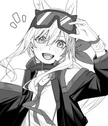  1girl :d animal_ears arknights bare_shoulders blush cardigan_(arknights) clothing_cutout commentary_request copyright_notice dog_ears dog_girl extra_ears gloves goggles goggles_on_head greyscale highres jacket kyoro_(kyoroillust) looking_at_viewer monochrome necktie open_clothes open_jacket open_mouth shirt shoulder_cutout simple_background smile solo upper_body white_background 