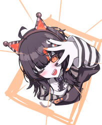  1girl :d ;d absurdres ahoge animal_ear_headphones animal_ears artist_name bare_shoulders belt_collar black_choker black_hair black_nails black_sweater cat_ear_headphones cat_ears choker collar commentary_request eyeball_hair_ornament fake_animal_ears hand_over_eye headphones highres kara_saka long_sleeves looking_at_viewer mahou_shoujo_no_majo_saiban multicolored_hair nail_polish off-shoulder_sweater off_shoulder one_eye_closed orange_eyes orange_nails orange_streaks sawatari_coco sharp_teeth shirt short_hair signature simple_background single_bare_shoulder smile solo streaked_hair striped_sleeves sweater teeth tying_hair upper_body white_background white_shirt 
