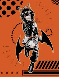  1girl ahoge animal_ear_headphones animal_ears arm_belt artist_name asymmetrical_legwear asymmetrical_sleeves bandaid bandaid_on_leg bare_shoulders bat_wings belt belt_collar black_choker black_hair black_nails black_shoes black_sweater cat_ear_headphones cat_ears chinese_text choker collar commentary_request cross-laced_clothes cross-laced_dress dress eyeball_hair_ornament fake_animal_ears full_body headphones highres k0z0t layered_dress leg_belt long_sleeves looking_at_viewer loose_socks mahou_shoujo_no_majo_saiban multicolored_hair nail_polish off-shoulder_sweater off_shoulder open_mouth orange_background orange_eyes orange_nails orange_streaks outline sawatari_coco sharp_teeth shirt shoes short_hair signature single_thighhigh skirt skull slit_pupils smile socks solo streaked_hair striped_clothes striped_sleeves striped_thighhighs stuffed_animal stuffed_cat stuffed_toy sweater teeth thigh-highs translation_request twitter_username watermark white_shirt white_skirt wings 
