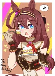  1girl absurdres ahoge animal_ears apron ascot blue_eyes blush breasts brown_apron brown_dress brown_gloves brown_hair brown_hairband brown_wrist_cuffs cake cake_slice dress food fork gloves hair_between_eyes hairband happy_birthday heart highres holding holding_fork holding_plate horse_ears horse_girl horse_tail long_hair looking_at_viewer mgr3na2sup_6 mihono_bourbon_(code:_icing)_(umamusume) mihono_bourbon_(umamusume) musical_note official_alternate_costume open_mouth plate red_ascot solo spoken_musical_note tail umamusume wrist_cuffs 