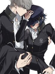  1boy 1girl black_jacket black_pants blue_hair blue_hat blush buttons carrying embarrassed feet_out_of_frame grey_hair hand_on_headwear hat highres jacket kasukasugom1 long_sleeves looking_at_another narukami_yu nervous_sweating open_clothes open_jacket open_mouth pants persona persona_4 princess_carry school_uniform shirogane_naoto shirt short_hair sweat white_background white_shirt wing_collar yasogami_school_uniform 