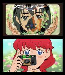  2girls alt_text black_eyes black_hair blue_eyes bowl camera commentary covered_mouth english_commentary fish fishbowl grace_(sayonara_lara) highres holding holding_bowl holding_camera lara_(sayonara_lara) multiple_girls officeanomaly ootsu_mari red_hair sayonara_lara 