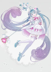  1girl absurdres ahoge blue_hair blush commentary dress full_body gloves gradient_hair hair_ornament hatsune_miku heart heart_ahoge heart_hair_ornament highres holding holding_wand looking_at_viewer magical_girl mini_wings multicolored_hair open_mouth pink_hair rabbit_yukine smile snowflakes solo sora_223 thigh-highs twintails vocaloid wand white_dress white_gloves white_thighhighs wings yuki_miku yuki_miku_(2027) 