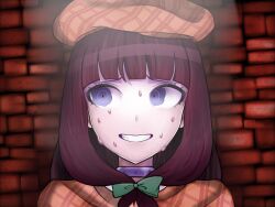  1girl beret bow brick_wall brown_hair brown_hat capelet collar danganronpa_another f0rtavv12o7 front_ponytail green_bow green_eyes hat highres long_hair nervous nervous_sweating nijiue_iroha plaid_capelet plaid_clothes shirt solo super_danganronpa_another_2 sweat 