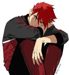  1boy arm_on_knee black_jacket blush closed_mouth curled_up grey_eyes hair_between_eyes jacket kaidou_j1 legs_together looking_at_viewer male_focus multicolored_jacket ookanehira_(touken_ranbu) pants red_hair red_jacket red_pants short_hair simple_background sitting solo spiky_hair touken_ranbu twitter_username two-tone_jacket white_background 