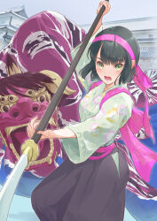  1girl absurdres black_hair commentary_request green_eyes hakama headband highres holding holding_polearm holding_weapon japanese_castle japanese_clothes kanazawa_(city) kimono kobassy love_live! love_live!_hasu_no_sora_jogakuin_school_idol_club momose_ginko naginata pink_headband polearm short_hair shouting solo virtual_youtuber weapon 