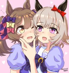  2girls absurdres animal_ears black_hairband blush bow bowtie breasts brown_eyes brown_hair cheek-to-cheek commentary_request curren_chan_(umamusume) ear_bow ear_covers grey_hair hair_between_eyes hair_bow hairband heads_together heart highres horse_ears horse_girl medium_hair mgr3na2sup_6 multiple_girls multiple_hair_bows one_eye_closed open_mouth pink_bow puffy_short_sleeves puffy_sleeves purple_bow purple_bowtie purple_shirt red_bow sailor_collar sailor_shirt school_uniform shirt short_hair short_sleeves smart_falcon_(umamusume) smile tracen_school_uniform twintails umamusume upper_body violet_eyes white_sailor_collar yellow_bow 