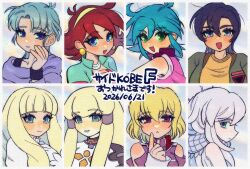  6+girls after_war_gundam_x allenby_beardsley blonde_hair blue_eyes blue_hair commentary_request deux_murasame dianna_soreil earrings four_murasame g_gundam green_eyes grid gundam gundam_gquuuuuux gundam_seed gundam_seed_destiny hairband highres jacket jewelry kihel_heim long_hair looking_at_viewer multiple_girls off_shoulder open_mouth pala_sys pari_pari_kyabetu220 pink_eyes rain_mikamura scarf short_hair sleeveless smile stellar_loussier turn_a_gundam white_hair zeta_gundam 