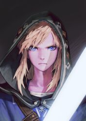  1boy black_background black_capelet blonde_hair blue_eyes blue_tunic capelet champion's_tunic_(zelda) closed_mouth commentary_request eyelashes glowing glowing_sword glowing_weapon gradient_background highres hood hood_up jun_(navigavi) link lips looking_at_viewer making-of_available male_focus nose ponytail portrait serious sidelocks solo straight-on the_legend_of_zelda the_legend_of_zelda:_breath_of_the_wild tunic weapon 