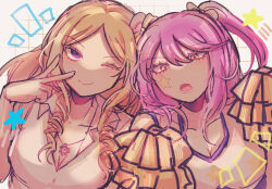  2girls bare_shoulders blonde_hair blue_eyes breasts cheerleader commentary_request danganronpa_another danganronpa_another:_another_despair_academy dress drill_hair drill_sidelocks hair_between_eyes highres jewelry long_hair maki_kiyoka multiple_girls necklace open_mouth parted_bangs partially_unbuttoned pink_hair pom_pom_(cheerleading) shirt short_sleeves sidelocks smile srm_d_r129 star_(symbol) star_on_cheek tank_top tomori_kizuna v watermark white_background white_shirt yellow_eyes 