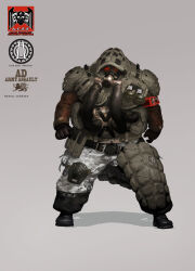  1other absurdres ammunition_pouch armband armor belt belt_buckle belt_pouch black_boots boots brown_gloves brown_sleeves buckle bulletproof_vest camouflage camouflage_pants clothes_writing concept_art english_text explosive gas_mask gas_mask_canister gloves glowing glowing_eyes grenade grenade_pin grey_jacket gunz_2_the_second_duel gunz_the_duel highres hood hood_up jacket jerrypark knee_pads leather leather_jacket load-bearing_vest logo mask official_art pants pouch quilted_clothes red_armband red_eyes rivets shoulder_armor single_knee_pad soldier tactical_clothes 