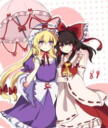  2girls arm_hug ascot blonde_hair blush bow brown_hair choker closed_mouth commentary_request dated detached_sleeves dress frilled_bow frilled_hair_tubes frills hair_bow hair_tubes hakurei_reimu hat hat_ribbon highres holding holding_umbrella long_hair mob_cap multiple_girls multiple_hair_bows parasol pink_umbrella purple_dress red_bow red_eyes red_ribbon red_skirt ribbon ribbon-trimmed_sleeves ribbon_choker ribbon_trim skirt skirt_set smile touhou umbrella very_long_hair violet_eyes white_hat yakumo_yukari yellow_ascot yuri zi_ziyuan_zuhsjsh 