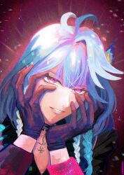  1boy absurdres androgynous antenna_hair black_gloves blue_hair braid gloves hakoot hands_on_own_face highres holostars holostars_english male_focus medium_hair multiple_braids octavio octavio_(3rd_costume) official_alternate_costume official_alternate_hairstyle pink_eyes solo tri_braids virtual_youtuber 