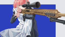  1girl absurdres apron bipod bolt_action commentary dress frilled_apron frills gun highres holding holding_gun holding_weapon looking_through_scope maid maid_apron maid_headdress original pink_hair rice_(okome_no_naru_ki) rifle scope shell_casing short_hair sniper_rifle weapon white_apron 