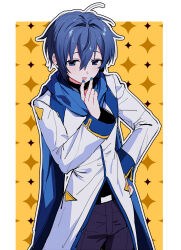  1boy belt blue_eyes blue_hair blue_nails blue_pants blue_scarf blue_trim blush border coat commentary hair_between_eyes hand_on_own_face hand_on_own_hip hand_up highres kaito_(vocaloid) koyashaka long_sleeves looking_at_viewer male_focus open_mouth outline outside_border pants raised_eyebrows scarf short_hair smile solo sparkle_background vocaloid white_border white_coat white_outline yellow_background 