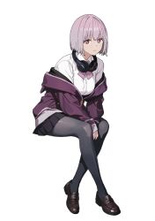  between_legs black_skirt bow breasts closed_mouth collared_shirt commentary_request crossed_legs eyelashes facing_to_the_side grey_pantyhose gridman_universe h4sh1rnoto hand_between_own_legs headphones headphones_around_neck highres invisible_chair jacket leaning_forward loafers long_sleeves looking_at_viewer medium_breasts medium_hair miniskirt off_shoulder pantyhose partially_unzipped pink_bow pink_hair pleated_skirt purple_jacket red_eyes see-through_clothes see-through_pantyhose shinjou_akane shirt shoes simple_background sitting skirt slouching ssss.gridman white_background 