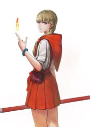  1girl bag blonde_hair bracelet braid commentary cowboy_shot dragon_quest dragon_quest_xi dress english_commentary eyelashes fantasy fire from_side hair_ornament hair_scrunchie hand_up handbag holding holding_staff hood hood_down hooded_dress index_finger_raised jewelry jun_(navigavi) lips long_hair looking_to_the_side nose orange_scrunchie pleated_dress purple_bag red_dress red_hood scrunchie short_sleeves simple_background smile solo staff twin_braids veronica_(dq11) violet_eyes white_background white_sleeves 