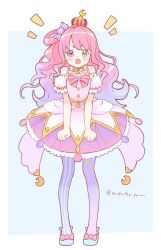  1girl annoyed asymmetrical_legwear bare_shoulders bow candy_hair_ornament clenched_hands commentary_request crescent crescent_earrings crown dress earrings food-themed_hair_ornament full_body gradient_hair green_eyes hair_ornament hair_rings heterochromia highres himemori_luna himemori_luna_(1st_costume) hololive jewelry long_hair looking_at_viewer mismatched_legwear mismatched_thighhighs multicolored_hair notice_lines nurumayu open_mouth pink_bow pink_dress pink_hair puffy_short_sleeves puffy_sleeves purple_hair short_sleeves simple_background single_hair_ring solo standing striped_clothes striped_thighhighs thigh-highs twitter_username v-shaped_eyebrows vertical-striped_clothes vertical-striped_thighhighs violet_eyes virtual_youtuber 