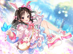  1girl :d animal_ears ankle_socks blue_butterfly blurry blurry_background blush bow bowtie brown_eyes brown_hair bug butterfly day dress ear_bow flower frilled_dress frilled_socks frills hair_bow high_heels idolmaster idolmaster_cinderella_girls knees_up layered_dress long_hair long_sleeves looking_at_viewer nana8llo open_mouth outdoors pink_bow platform_heels rabbit_ears ribbon-trimmed_sleeves ribbon_trim shoe_soles shoes signature smile socks solo stuffed_animal stuffed_rabbit stuffed_toy tachibana_arisu tree white_dress white_shoes white_socks 