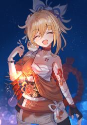  1girl arm_tattoo bandaged_arm bandaged_leg bandages blonde_hair blush butterfly_choker chest_sarashi chest_tattoo choker closed_eyes commentary_request fingerless_gloves fireworks genshin_impact gloves guarani_(muku_6930) hadanugi_dousa highres holding holding_fireworks japanese_clothes kimono night open_mouth orange_kimono red_choker sarashi single_bare_shoulder single_fingerless_glove sky smile solo sparkler star_(sky) starry_sky tattoo vision_(genshin_impact) yoimiya_(genshin_impact) 