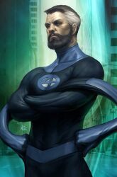  1boy beard black_bodysuit black_hair bodysuit comic_cover commentary cover cover_page crossed_arms elasticity english_commentary facial_hair fantastic_four male_focus marvel multicolored_bodysuit official_art reed_richards short_hair signature solo stanley_lau superhero_costume textless_cover_page textless_version two-tone_bodysuit 