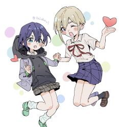  :d ankle_socks asymmetrical_hair black_hoodie black_socks blazer blonde_hair blue_skirt blush brown_shoes brown_skirt collared_shirt commentary dalidari27 drawstring green_eyes green_shoes grey_jacket hair_between_eyes haraga_kurumi heart highres holding_hands hood hoodie interlocked_fingers jacket kimi_no_koto_ga_dai_dai_dai_dai_daisuki_na_100-nin_no_kanojo knees_together_feet_apart loafers long_sleeves looking_at_viewer loose_socks miniskirt neck_ribbon ohananomitsu_high_school_uniform ohananomitsu_middle_school_uniform one_eye_closed plaid_clothes plaid_skirt pleated_skirt purple_hair red_ribbon ribbon school_uniform shirt shoes short_hair short_sleeves sidelocks single_sidelock skirt smile socks sutou_iku thick_eyebrows twitter_username untranslatable_commentary v-shaped_eyebrows violet_eyes white_background white_socks 